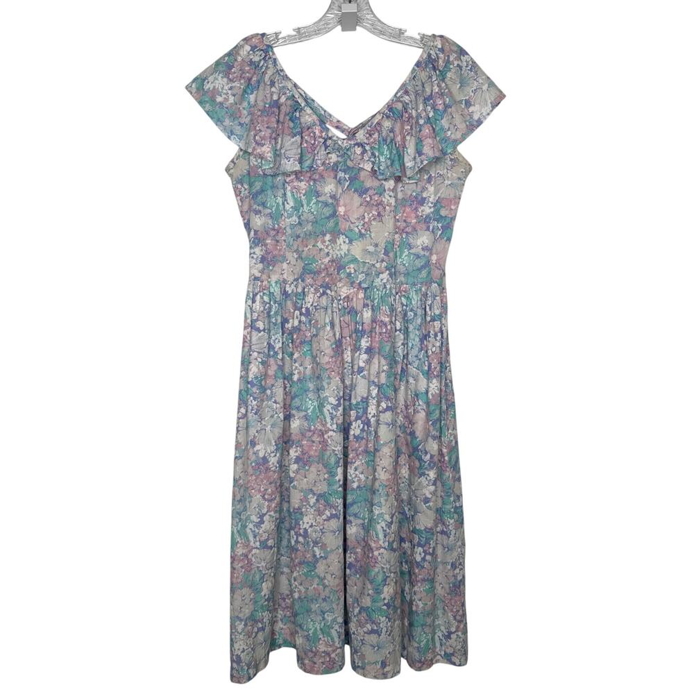 1980s Lerner Pastel Floral Ruffle Midi Dress USA Made Medium